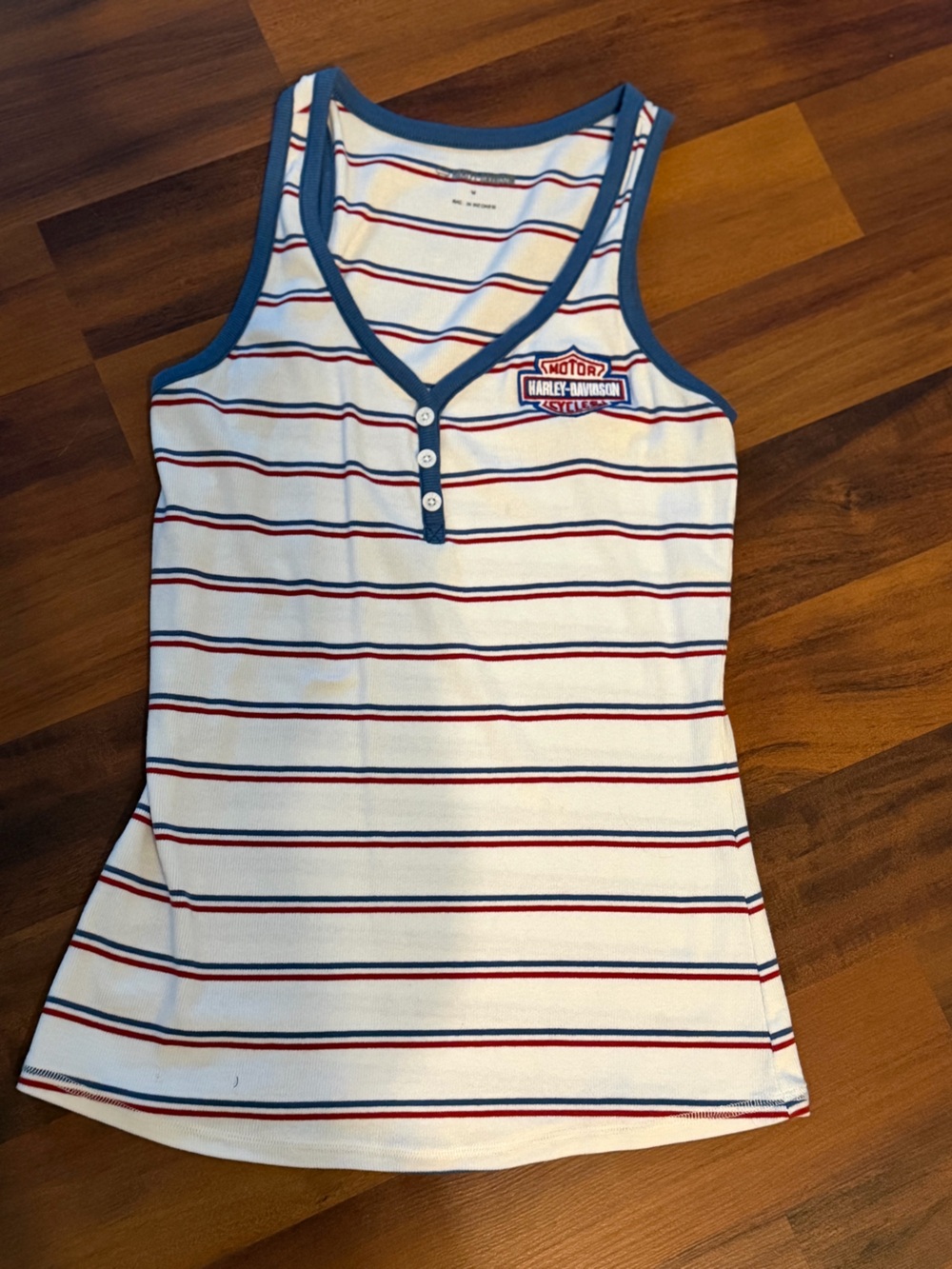 Harley-Davidson White Tank Top with Blue Trim and Red Stripes